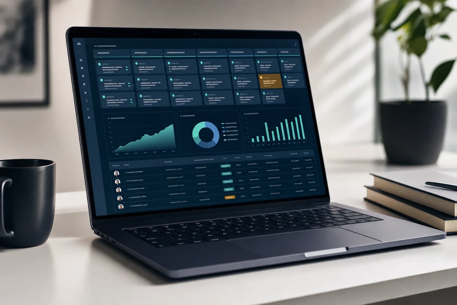 Laptop showing a dark sales pipeline interface with teal and amber signals